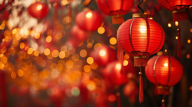 Festive red Chinese lanterns floating with a radiant glow against a sparkling, bokeh red background