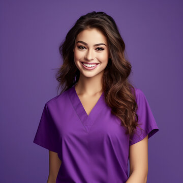 Attractive woman wearing medical scrubs, isolated on purple background. Place holder, copy space banner for medical and beauty industry 