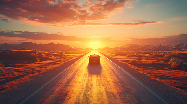 3d car sedan rides on the road to meet the sun, concept 3d render for advertising auto products. generative ai