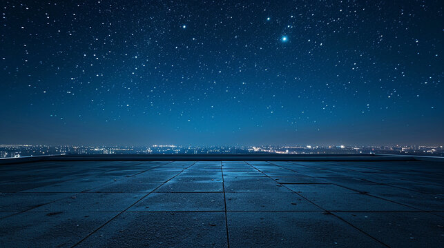 Starry night on an urban rooftop, concrete floor with star-like speckles, enveloped by a dark blue sky with bright twinkling stars, contrast of urban ruggedness and celestial beauty, spacious a