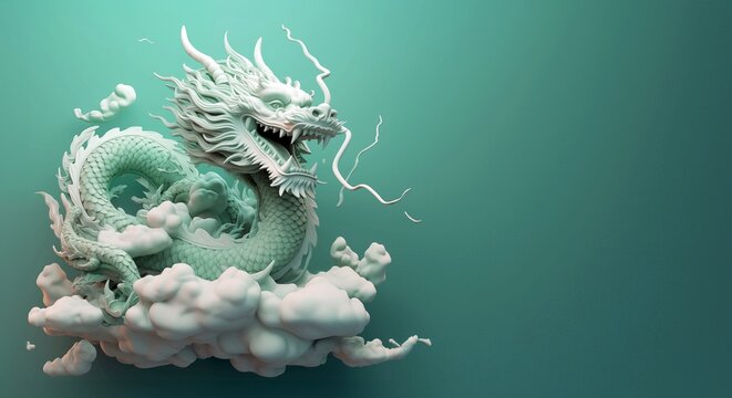 Traditional Asian dragon on green background with copy space. Dragon and clouds on a green background. 3D illustration. 3D rendering.