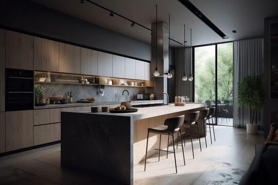 Cozy style kitchen interior in modern minimalist style house.
