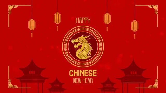 Happy Chinese New Year 2024 Zodiac Wood Dragon. Animation with a background of lantern lights and traditional Chinese buildings
