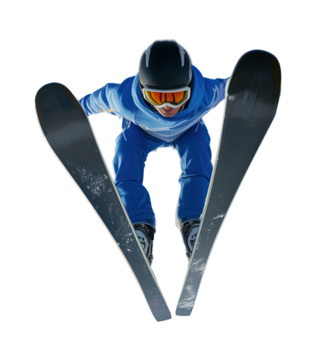 滑雪运动员在跳台滑雪时的正面视图，V 型姿势，白色或透明背景下孤立