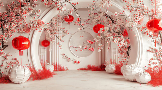  A white and red chinese lantern background with the flowers decorating it.