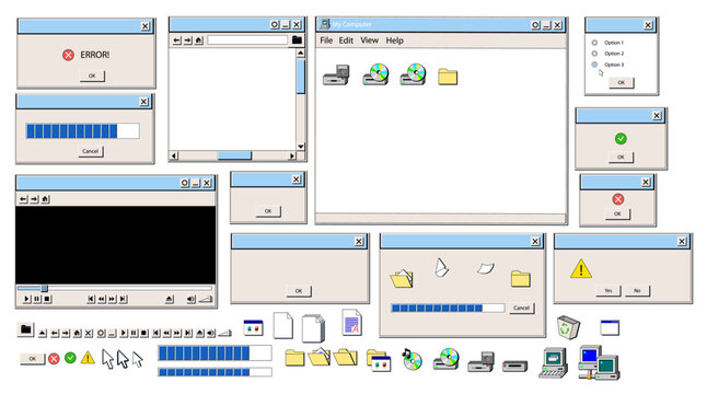 Retro user interface elements 90s style. 90s retro user interface elements.