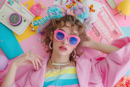 Retro inspired fashion shoot with a woman in heart-shaped sunglasses surrounded by nostalgic 80s accessories