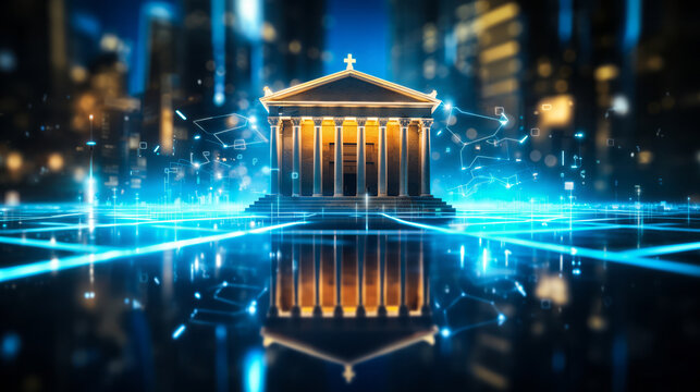 Conceptual digital transformation of banking and financial services with a neoclassical bank building in a high-tech, neon-lit virtual cityscape symbolizing fintech