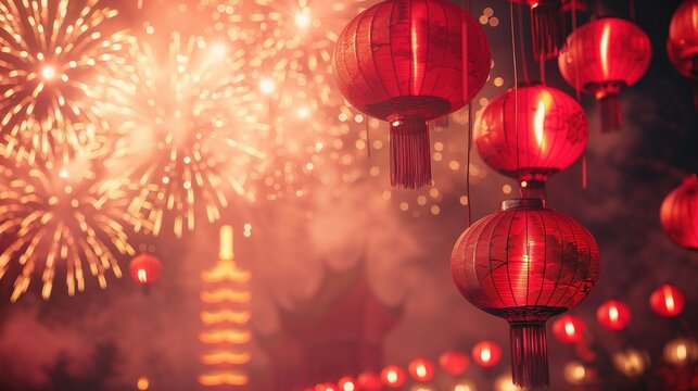 Red Chinese lanterns and fireworks in the night sky. Chinese New Year concept.