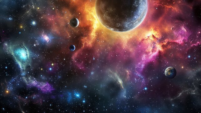 An image of a space scene showcases planets and stars against a cosmic purple space background in deep space.