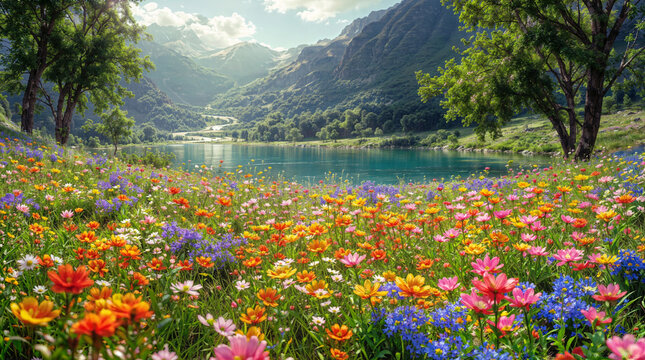 Idyllic summer landscape. Wildflowers on the shore of a mountain lake with green mountains in the background. For backgrounds, covers, wallpapers, wall art and other projects.