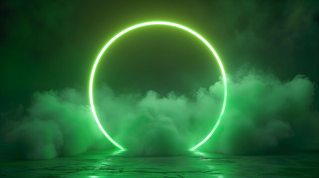 Glowing green neon circle in the middle of clouds and smoke on black background