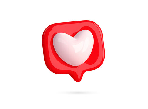 3d like heart icon. White heart in red speech bubble notification. Love social media message isolated. Follow internet button. Vector cartoon illustration