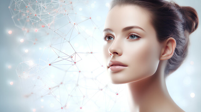 A beautiful woman portrait serum molecules structure on the face, silver tone  light  background. Copy space, banner. Advertising style