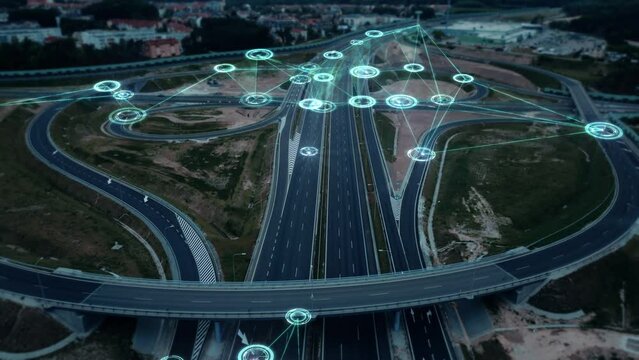 Deep learning, smart driving. Driverless cars controlled by artificial intelligence, HUD. Driving assistance system, road scanning, transport of the future. Smart transportation concept, aerial view. 