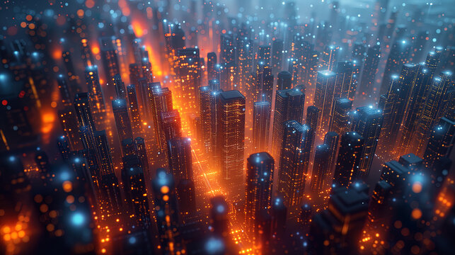 Top down view of cyberspace cityscape orange lights buildings looking as tech networking background wallpaper