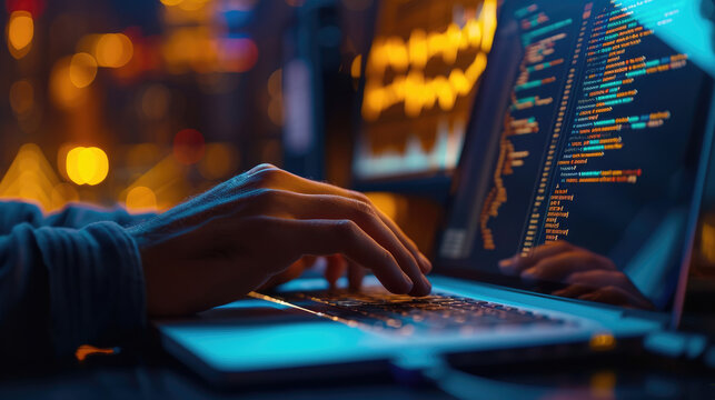Close-up of a fintech developer coding blockchain solutions for financial services on a laptop