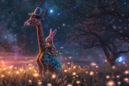 During the nights, an Easter bunny rides on the back of a giraffe wearing a hat in the grassland