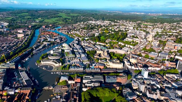 Aerial view of central Bristol in sunny morning, England, UK