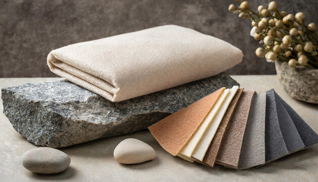 Muted colour palette interior design material samples, hard natural rock and soft fabrics