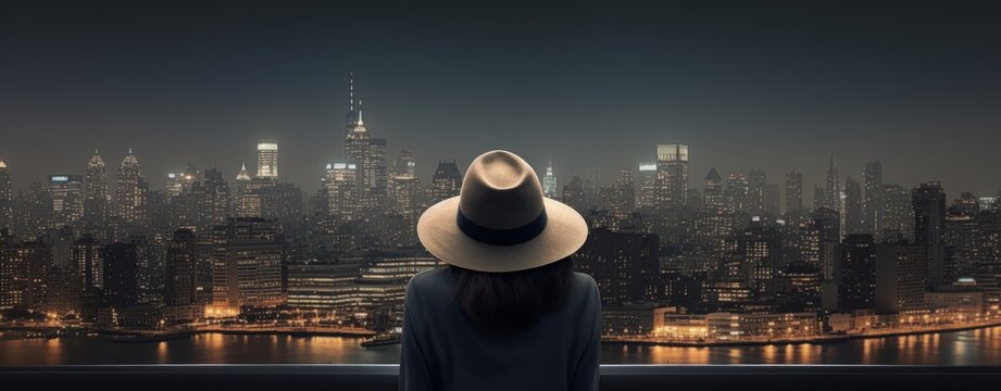 A young girl tourist rear view wear a hat stand alone look at the view in the city at night. AI generated