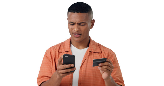 Online banking, credit card and confused man with phone, isolated on transparent png background. Payment, fintech and frustrated person with smartphone, checking for fraud or internet scam on account