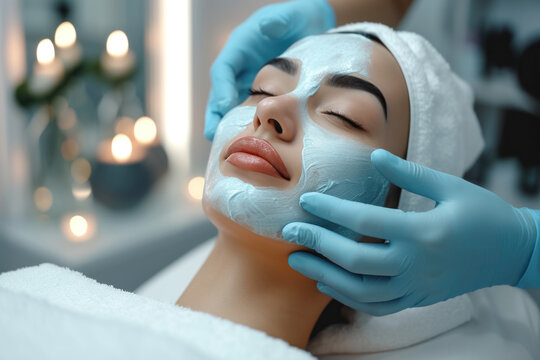 Beautician doing facial skin care for Asian girl in beauty salon