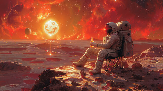 An astronaut sits on a chair and basks under the rays of a bright star while drinking beer on an alien planet, the concept of travel and lifestyle of an astronaut on another planet ,generative ai