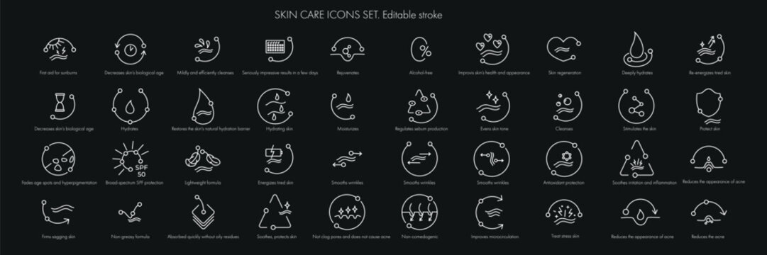 Beauty skin care icon pack set for patch, cream, mask cosmetic and beauty product, medical clinic, web, packaging. Vector stock illustration isolated on Black background. Editable stroke.