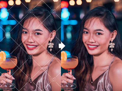 Before and after example of AI copyright or watermark remover tool erasing watermarks from a a stock photo of a young woman.
