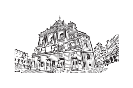 打印带有科希策市地标的建筑视图。矢量手绘草图插图。