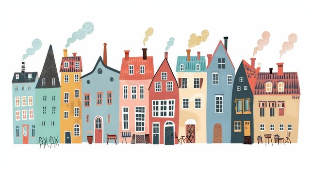 Scandinavian houses and buildings with home exteriors, Scandi architecture. Smokey urban streets and chimneys. Flat  illustration isolated on white.