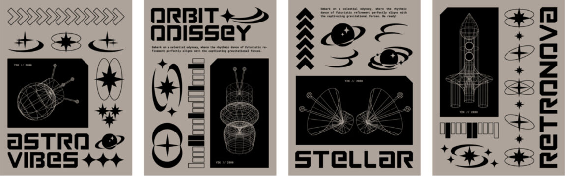 Poster design layout in y2k style with cosmos exploration elements - spaceship, rocket and satellite grid 3d shapes. Vector banner or print template with cosmic technology in retro 00s aesthetic.