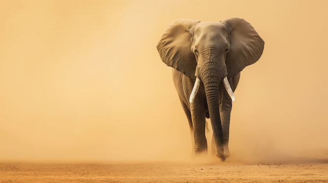 an Elephant standing against sand color background with copy space. minimalist banner style with bright sand-colored tones