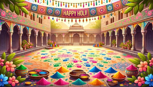 Holi festival showcases a courtyard filled with colorful handprints. AI Generative
