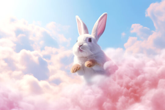 Hop into a dreamy skyscape with this adorable flying bunny surrounded by fluffy pink clouds