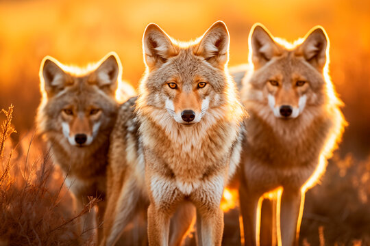 Three alert coyotes in a grassland at sunset, displaying intense gazes and harmonious presence in the warm light.