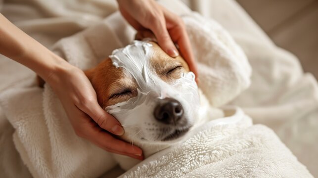 Funny dog photograpy cute spa Day laying bed relax beauty mask, view from the top, generative ai