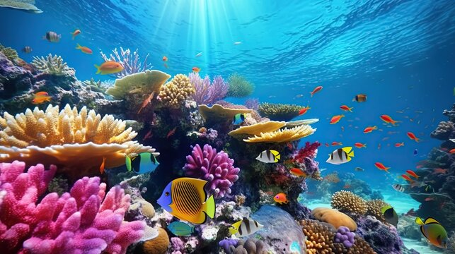Tropical underwater sea with beautiful fish and coral reef. Rich colors of tropical fish and animals of the underwater sea world with smooth sun light.