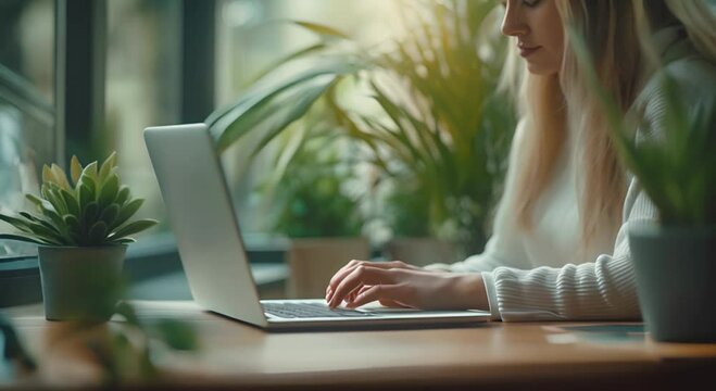 wide shot of Focused business woman typing at modern laptop in office interior company worker surfing internet