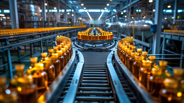 Conveyor belt, juice in bottles, beverage factory interior in blue color, industrial production line. generative ai