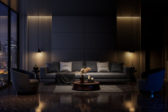 Modern style luxury black living room with city view in the night 3d render, There are black terrazzo floor decorated wall with hidden light, blank wall for copy space