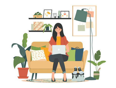 一位女性在社交媒体平台上进行直播带货的简单扁平矢量插图；