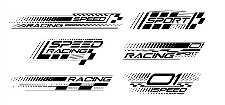 Racing stripes geometric lines design racing car hood sticker, dynamic arrow shapes and lines background for sporting event. racing start and finish flag. vector illustration template for motorsports
