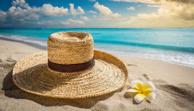 traw hat on the beach. Beach holiday concept