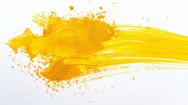 A dynamic smear of yellow acrylic paint splattered on a white background creating a feeling of energy