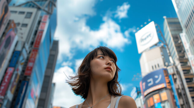 Japanese woman posing on the streets of a Japanese city during the day, against the backdrop of a bright blue sky and towering skyscrapers. Ai generated Images