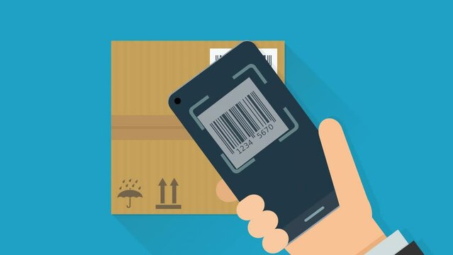 Appearance of a hand using a smartphone with a logistics application to scan the barcode with validation of a cardboard package (flat design)