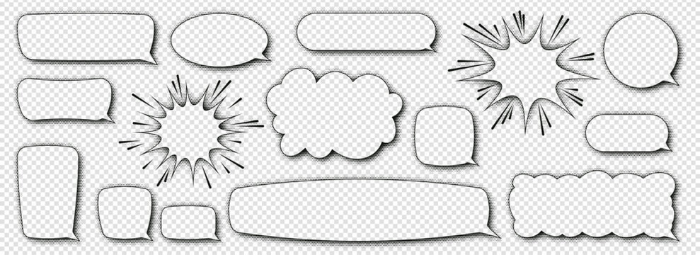 Set of comic speech bubbles with shadow halftone effect in the shape of cloud, rectangle, blot with empty space for text. Vector illustration in retro style on a transparent background as a PNG.