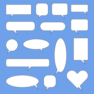Set of blank white speech bubble in flat design, chatting box, message box icon. Balloon doodle style of thinking sign symbol. Speech bubble isolated on background.
